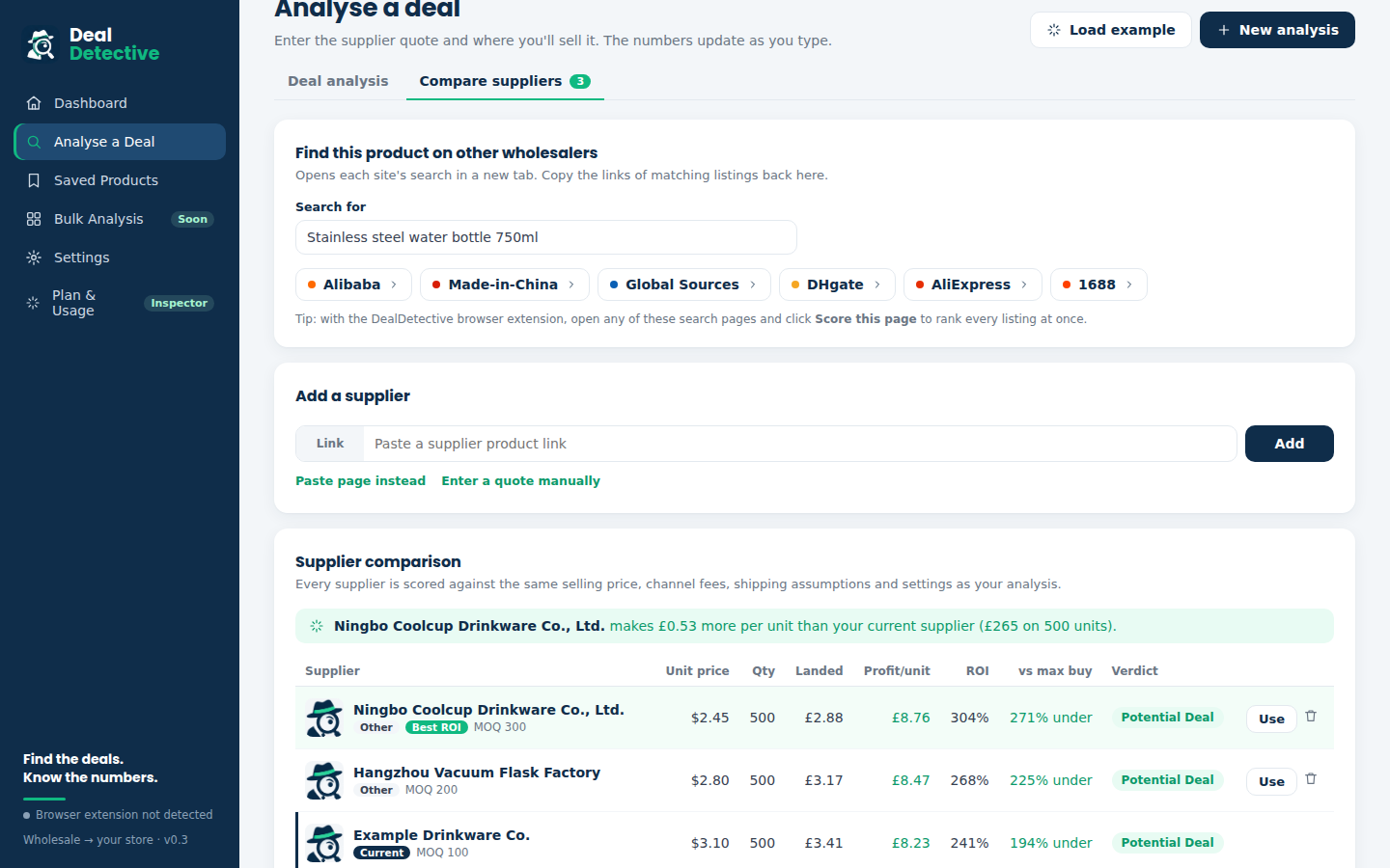 Supplier comparison table ranking suppliers by ROI