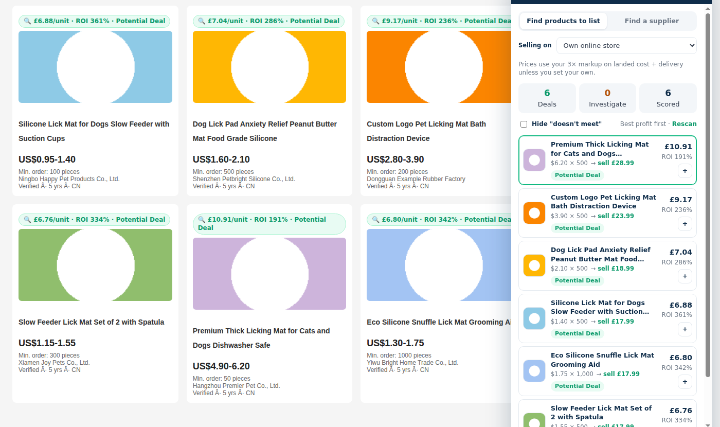 DealDetective extension scoring every listing on a supplier search page